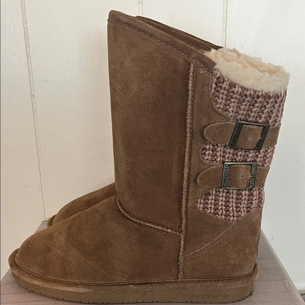 BearPaw Tan Suede Boots with Knit and Buckle Details